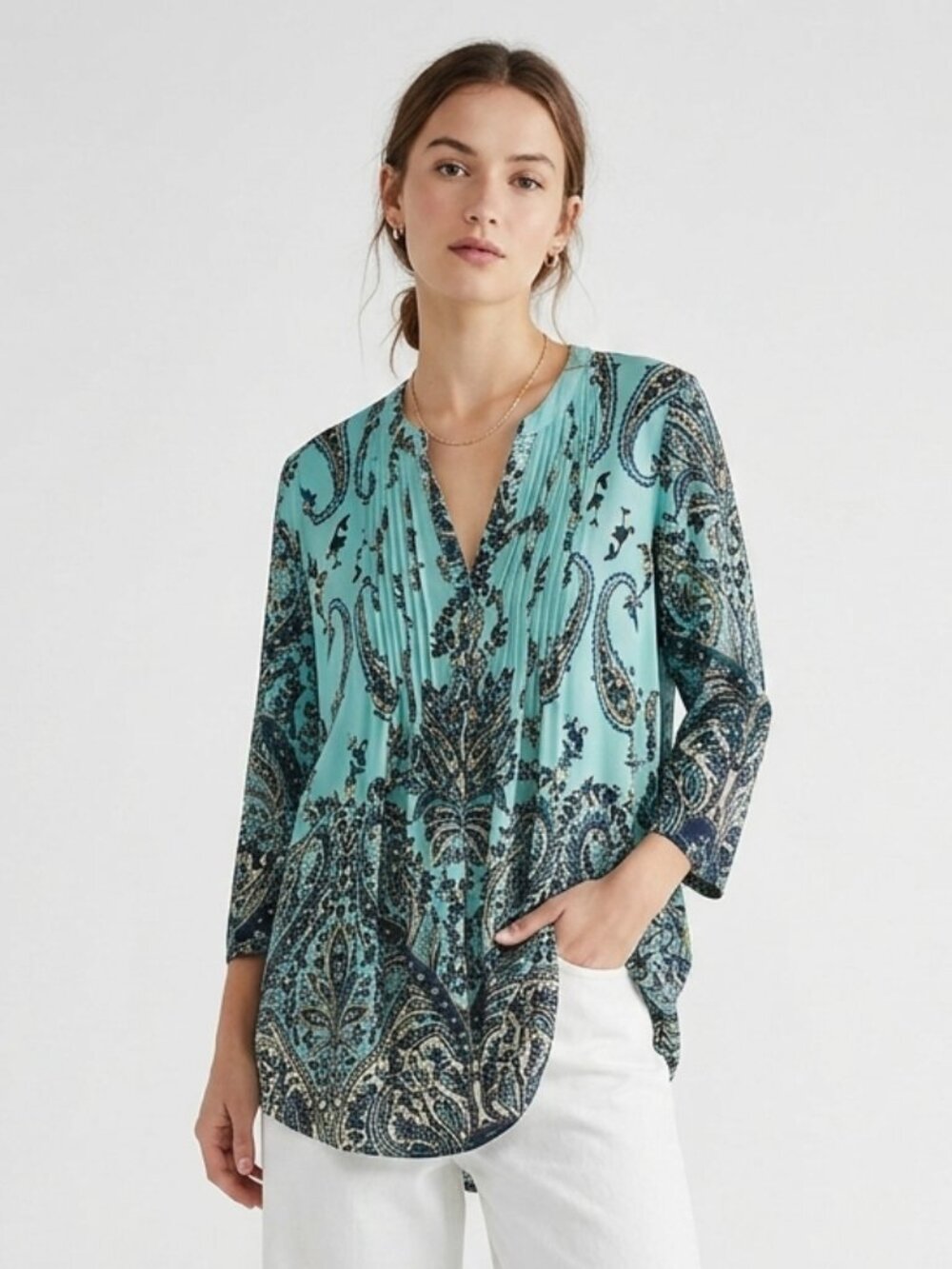 La Cera Blouse Blue Boho Paisley Pleated Festival Tunic XL